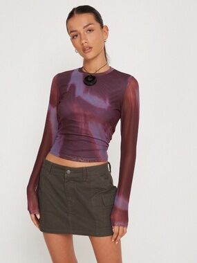 Bowie Long Sleeve Mesh Top In Wine Watercolour